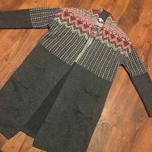 J Jill Gray and Red Patterned Knit Long Cardigan Classic Elegance